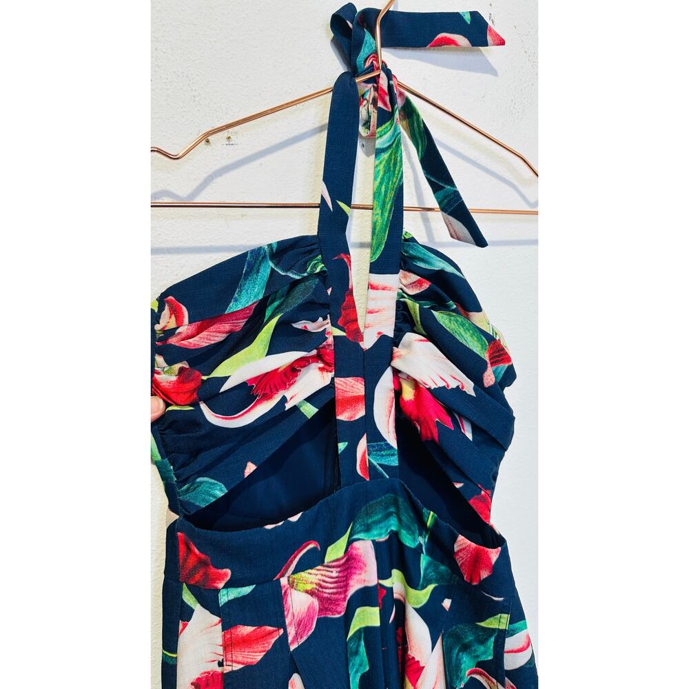 PATBO Navy Blue Floral Halter Neck Center Cut-Out Wide Leg Laelia Jumpsuit US 0 - Picture 6 of 16